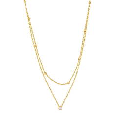 Tresoli Stainless Steel Gold Color PVD Round Diamond And Pearl Double Chain Necklace