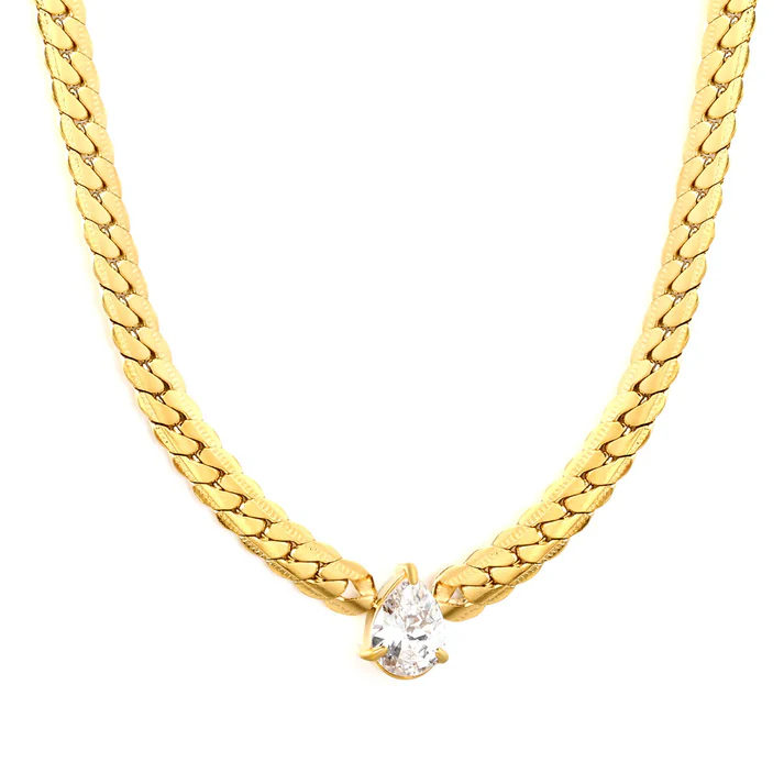Stainless Steel Gold Color PVD Teardrop Shaped Zirconia Dense Embossed NK Chain Necklace
