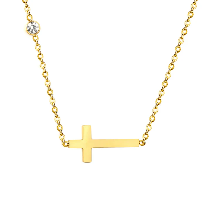 Stainless Steel Gold Color PVD Cross Cross Pendant With Round Diamond Cross Chain Necklace