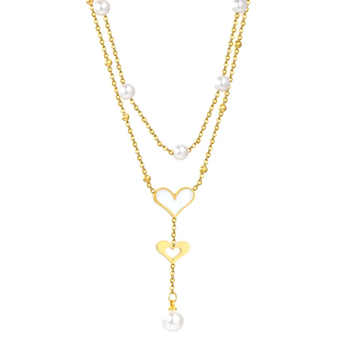Stainless Steel Gold Color PVD Pearl Heart Tassel Pendant Necklace