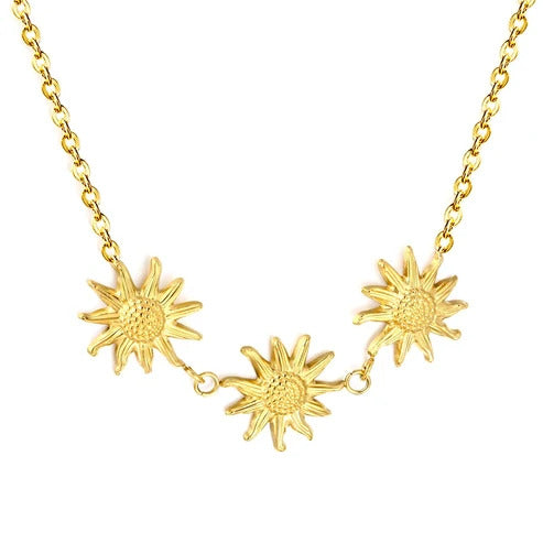Stainless Steel Gold Color PVD Three Sunflower Charms Necklace