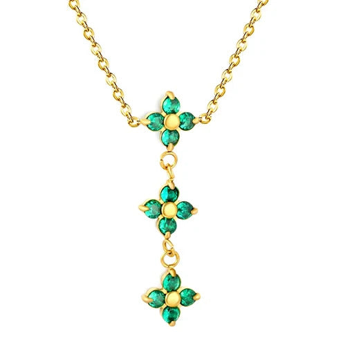 Stainless Steel Gold Color PVD Three Emerald Zircon Four Leaf Clover Tassels Necklace