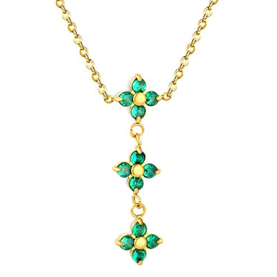 Stainless Steel Gold Color PVD Three Emerald Zircon Four Leaf Clover Tassels Necklace