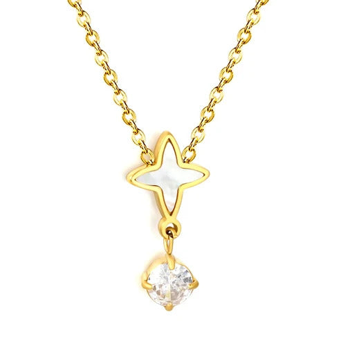 Stainless Steel Gold Color PVD Round White Zircon And Natural White Shell Four Pointed Star Necklace