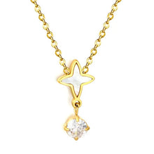 Load image into Gallery viewer, Stainless Steel Gold Color PVD Round White Zircon And Natural White Shell Four Pointed Star Necklace