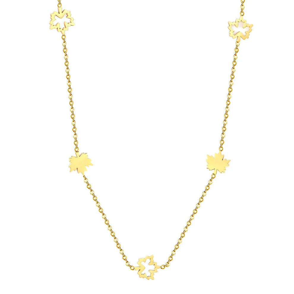 Tresoli Stainless Steel Gold Color PVD Hollow Maple Leaf And Polished Maple Leaf Charm Necklace