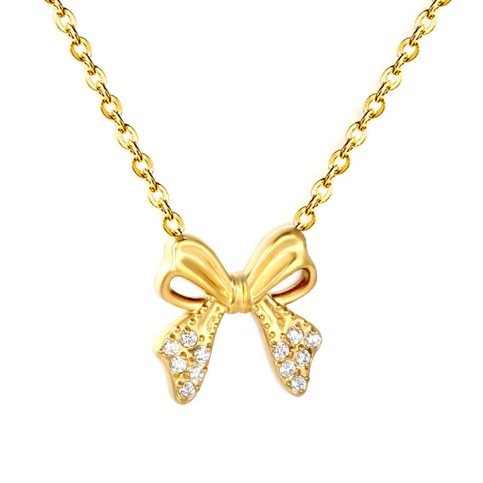 Stainless Steel Gold Color PVD Flat Cross Chain Bowknot Inlaid CNC White Zircon Necklace