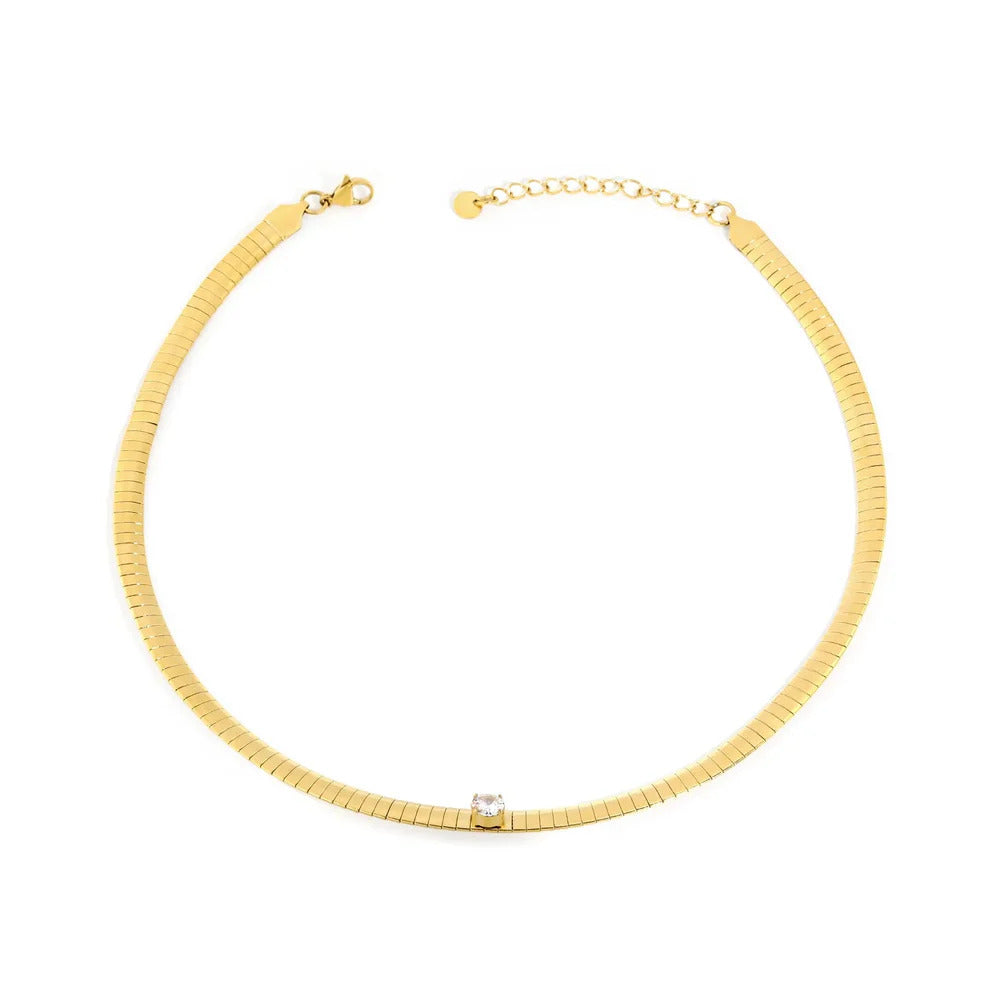 Tresoli Stainless Steel Gold Color PVD Four Prong Round White Zircon Necklace With Snake Bone Chain