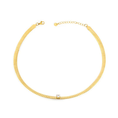 Tresoli Stainless Steel Gold Color PVD Four Prong Round White Zircon Necklace With Snake Bone Chain