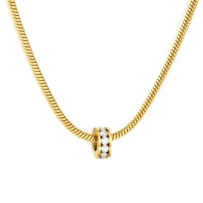 Stainless Steel Gold Color PVD White Zircon Rotating Ring Necklace