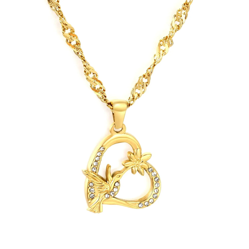Stainless Steel Gold Color PVD Rhinestone Heart Pendant Water Wave Chain Necklace