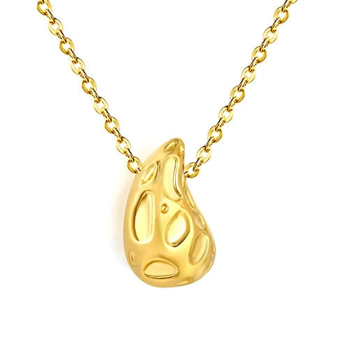 Stainless Steel Gold Color PVD Textured Teardrop Pendant Necklace