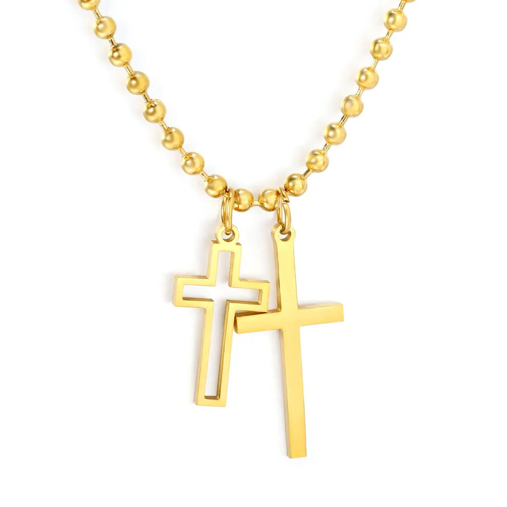Tresoli Stainless Steel Gold Color PVD Smooth And Hollow Cross Bead Necklace