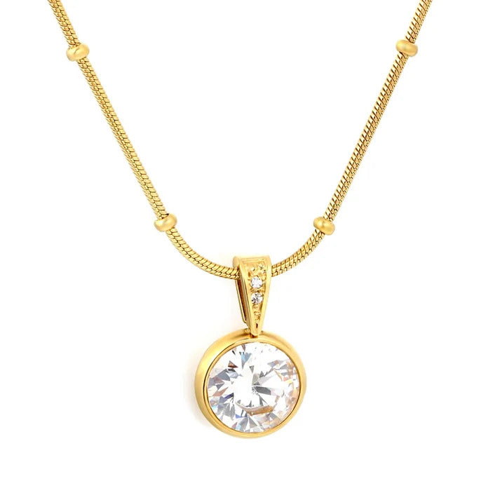 Stainless Steel Gold Color PVD White Zircon Clasp Round Necklace