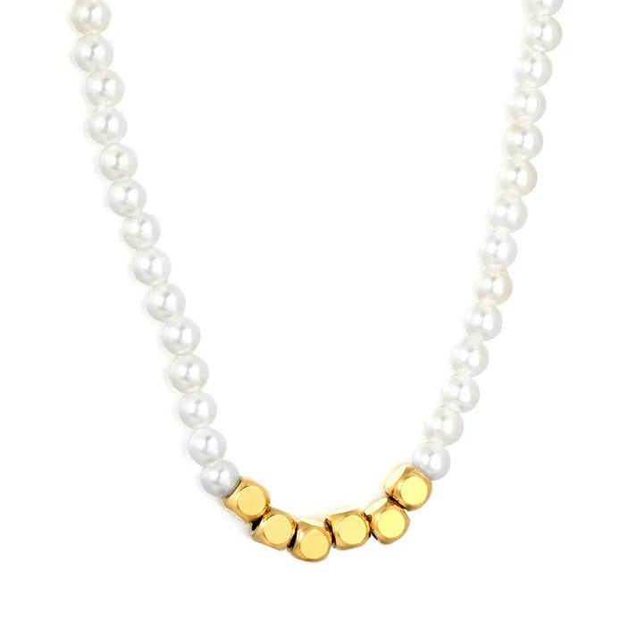 Stainless Steel Gold Color PVD Shell Pearl Square Decorative Charms Beaded Necklace
