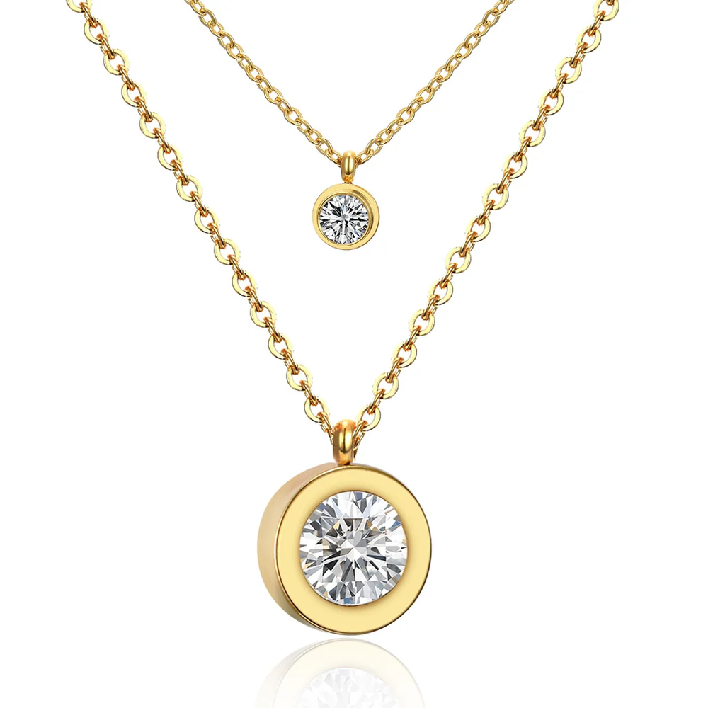 Stainless Steel Gold Color PVD Round Cubic Zirconia Multi Layer Chain Pendant Necklace