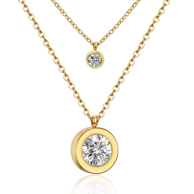 Stelluxe Stainless Steel Gold Color PVD Round Cubic Zirconia Multi Layer Chain Pendant Necklace