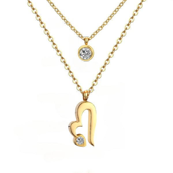 Stainless Steel Gold Color PVD CZ Double Layer Chain Crystal Round and Heart Pendants Necklace