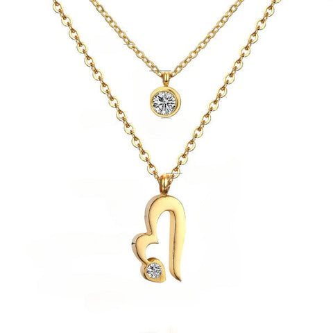 Stelluxe Stainless Steel Gold Color PVD CZ Double Layer Chain Crystal Round And Heart Pendants Necklace