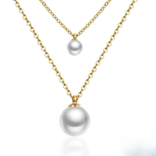 Stainless Steel Gold Color PVD Double Link Chain With Double Pearls Pendant Necklace