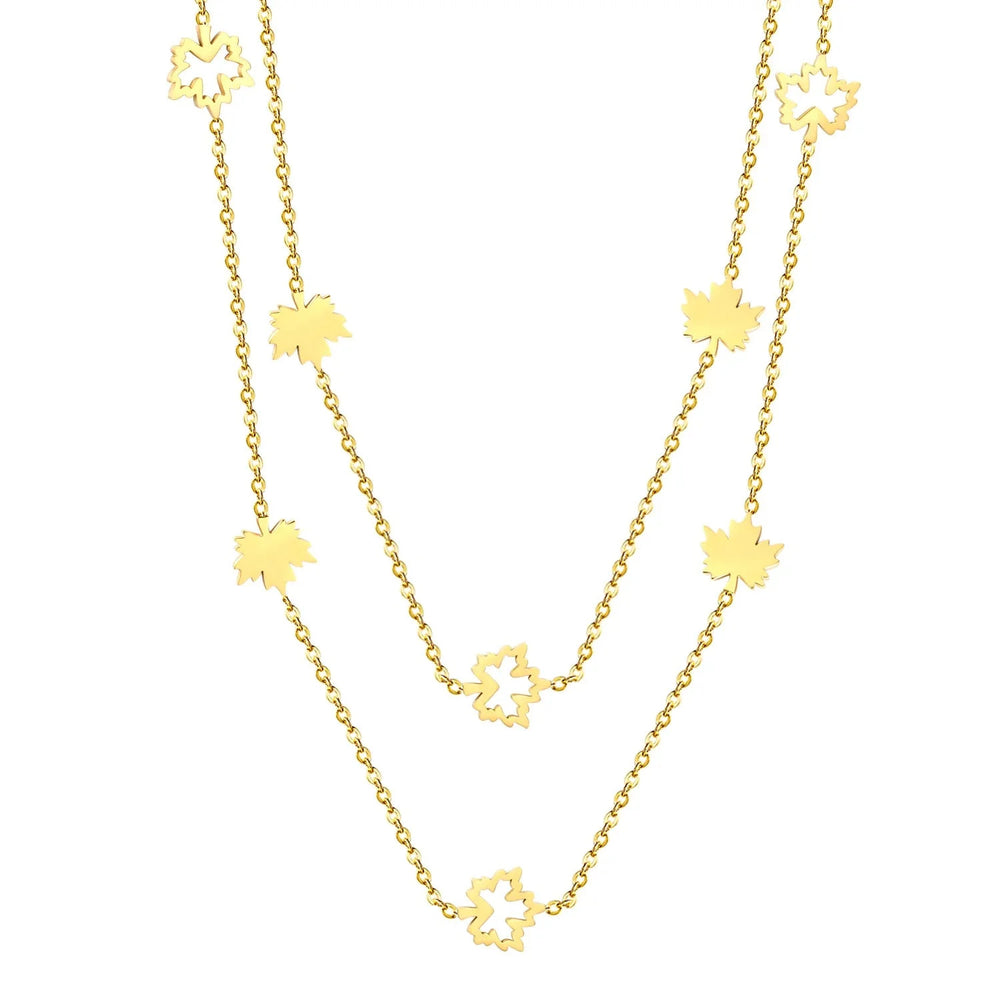 Stainless Steel Gold Color PVD Hollow Maple Leaf And Polished Maple Leaf Charm Cross Double Layer Chain Necklace