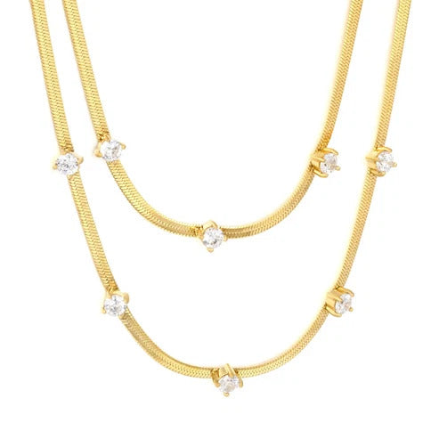 Stainless Steel Gold Color PVD Double Line White Zircon Charm Blade Chain Necklace