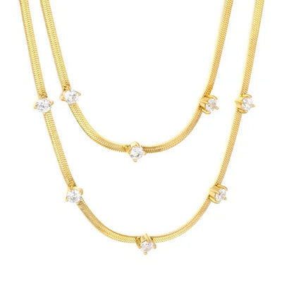 Stainless Steel Gold Color PVD Double Line White Zircon Charm Blade Chain Necklace