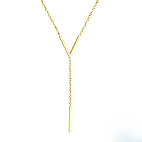 Stainless Steel Gold Color PVD Letter V Link Chain Cuboid Pendant Necklace