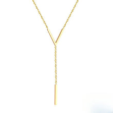 Load image into Gallery viewer, Stelluxe Stainless Steel Gold Color PVD Letter V Link Chain Cuboid Pendant Necklace