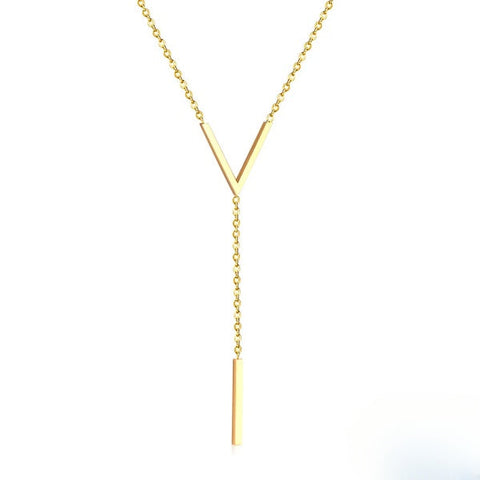 Stelluxe Stainless Steel Gold Color PVD Letter V Link Chain Cuboid Pendant Necklace