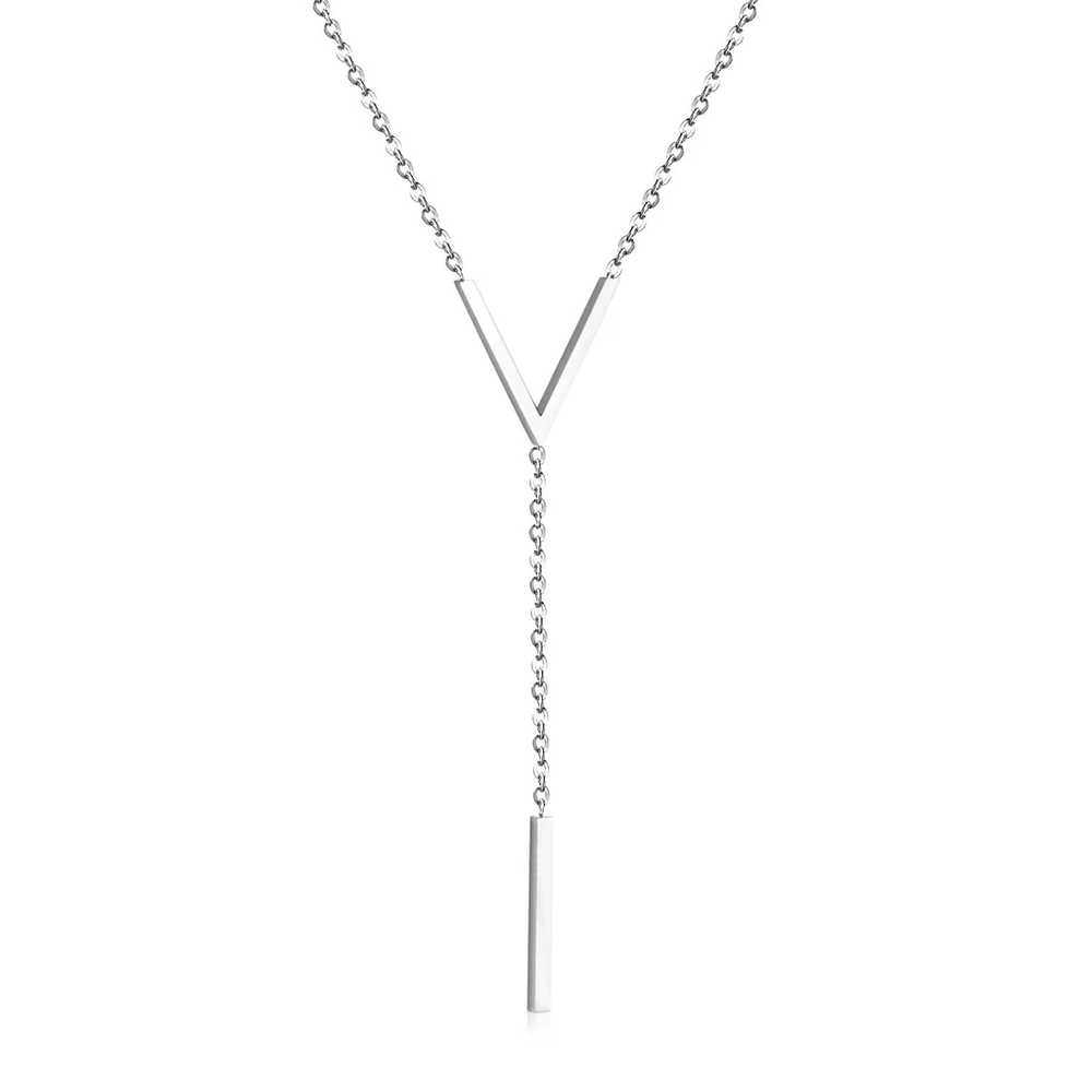 Stainless Steel Color PVD Letter V Link Chain Cuboid Pendant Necklace