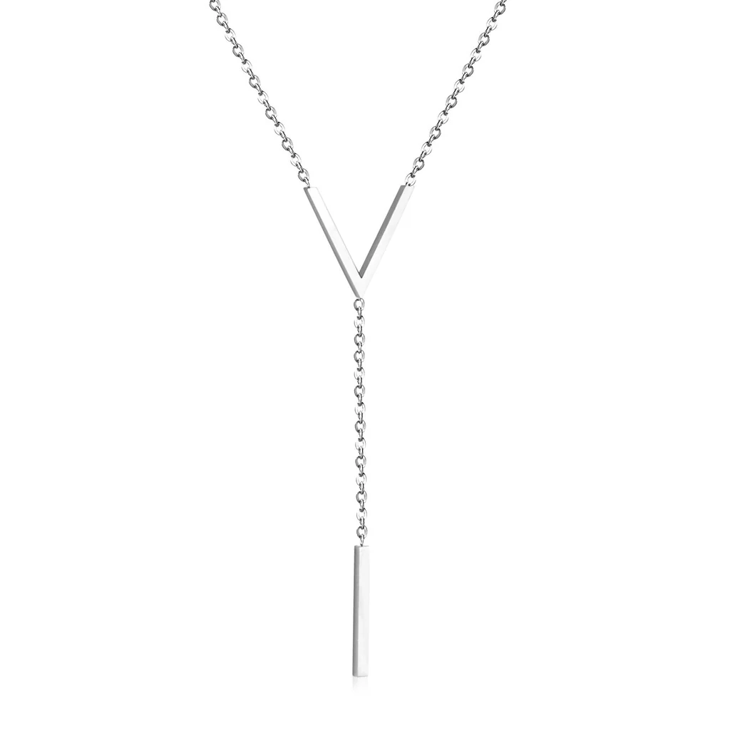 Stelluxe Stainless Steel Color PVD Letter V Link Chain Cuboid Pendant Necklace