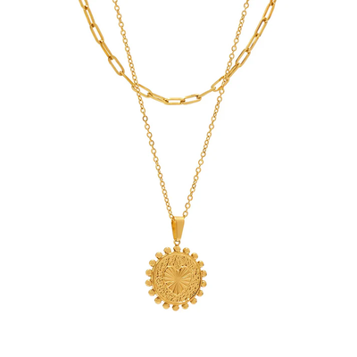 Tresoli Stainless Steel Gold Color PVD Oval Tag Pendant Cross And Long Cross Chain Necklace