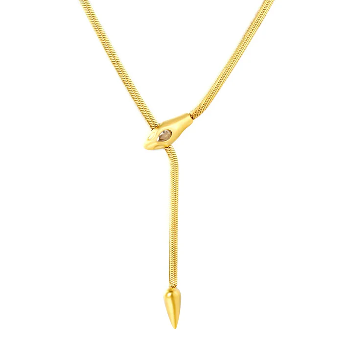 Stainless Steel Gold Color PVD Flat Snake Head And Tail Chain Necklace