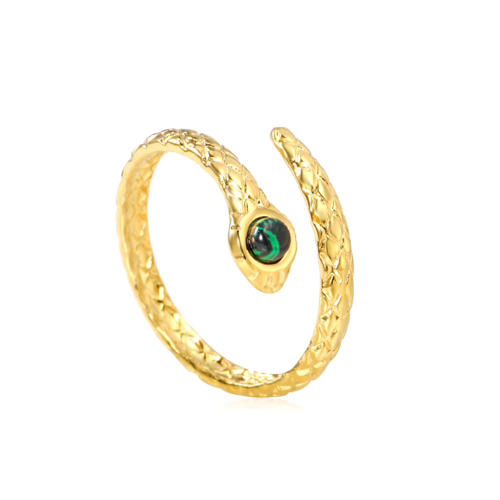 Stainless Steel Gold Color PVD Twisted Emerald Green Stone Inlay Adjustable Ring