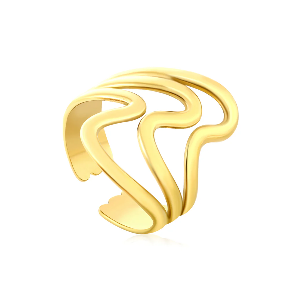 Stainless Steel Gold Color PVD Wavy Curved Open Adjustable Ring