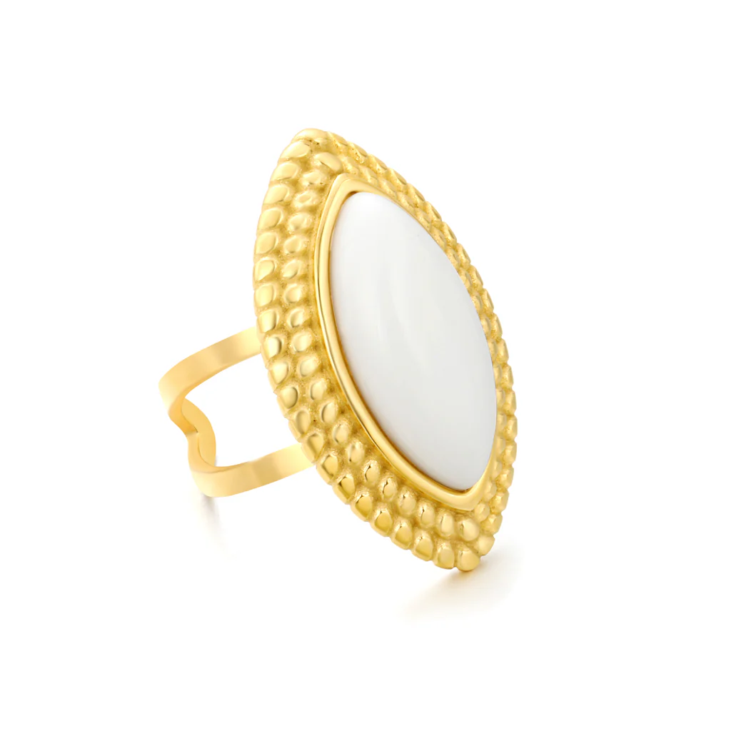Stelluxe Stainless Steel Gold Color PVD White Agate Marquise Stones Adjustable Ring