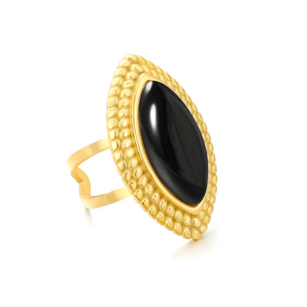 Stainless Steel Gold Color PVD Black Agate Marquise Stones Adjustable Ring
