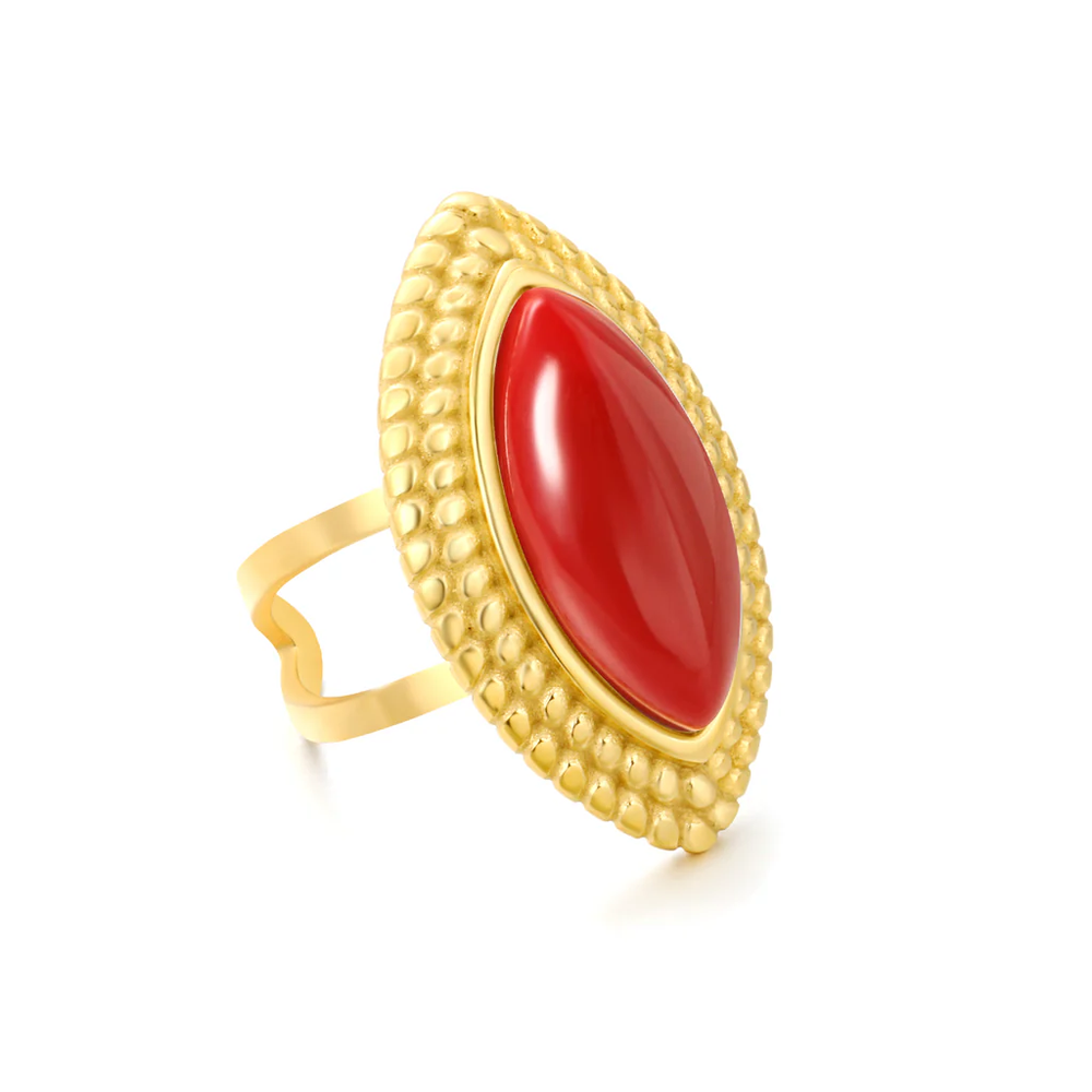 Stainless Steel Gold Color PVD Red Agate Marquise Stones Adjustable Ring