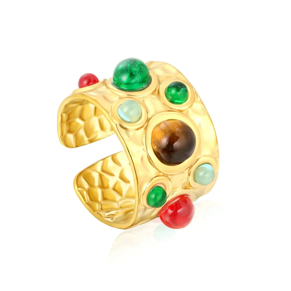 Stainless Steel Gold Color PVD Mixed Color Stone Open Ring