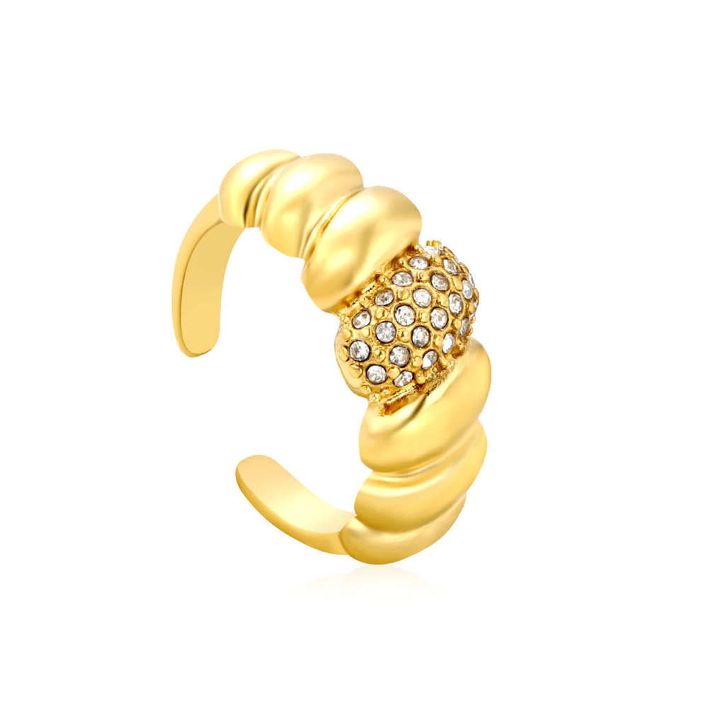 Stainless Steel Gold Color PVD White, Royal Blue And Emerald Diamond Inlays Croissant Shaped Adjustable Ring