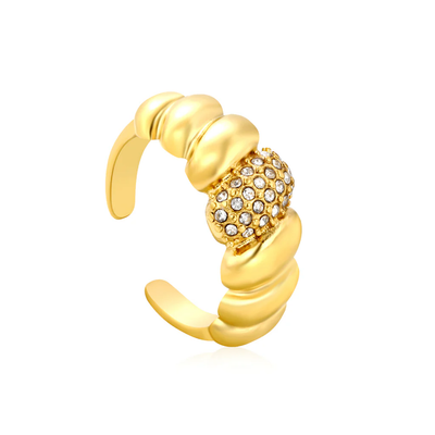 Stelluxe Stainless Steel Gold Color PVD White, Royal Blue And Emerald Diamond Inlays Croissant Shaped Adjustable Ring