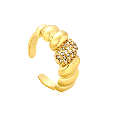 Stelluxe Stainless Steel Gold Color PVD White, Royal Blue And Emerald Diamond Inlays Croissant Shaped Adjustable Ring