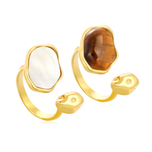 Load image into Gallery viewer, Stelluxe Stainless Steel Gold Color PVD Irregular Oval White Mother Of White And Brown Adjustable Ring