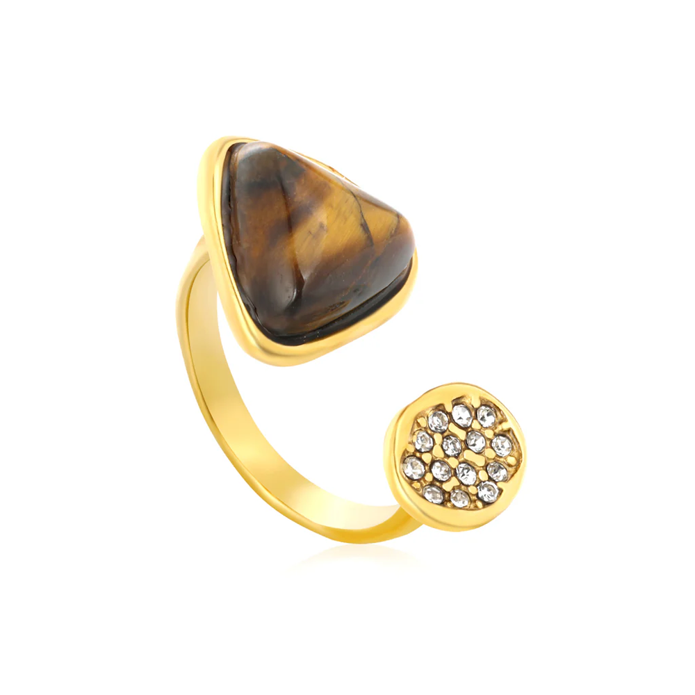 Stainless Steel Gold Color PVD Triangle Tiger's Eye With Czech White Imitation Diamond Adjustable Ring