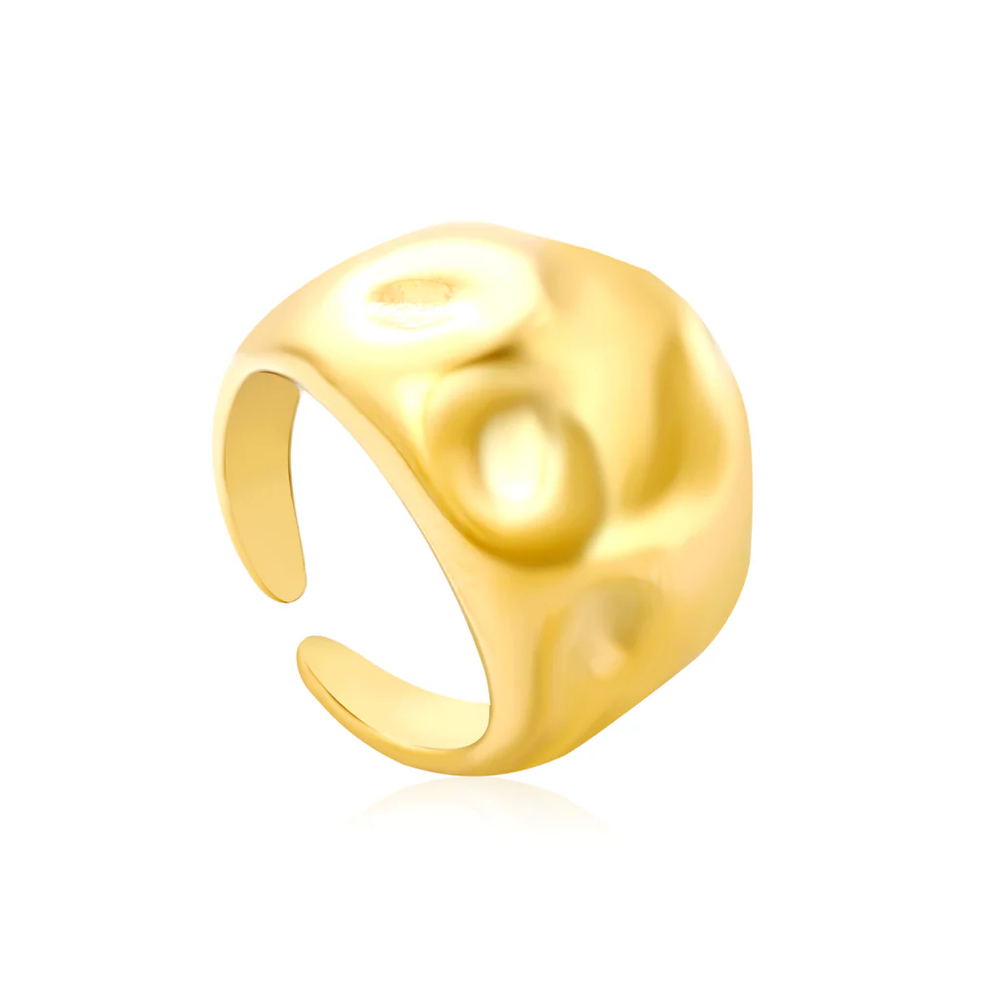 Stainless Steel Gold Color PVD Polished Water Drop Hammered Texture Open Adjustable Ring