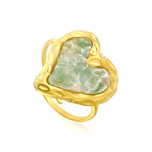 Stainless Steel Gold Color PVD Heart Inlaid Green Natural Stones Adjustable Ring