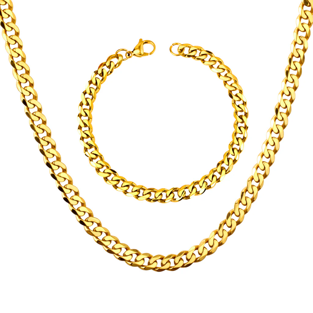 Stainless Steel Gold Color PVD Women or Men Cuban Chain Necklace with Bracelet