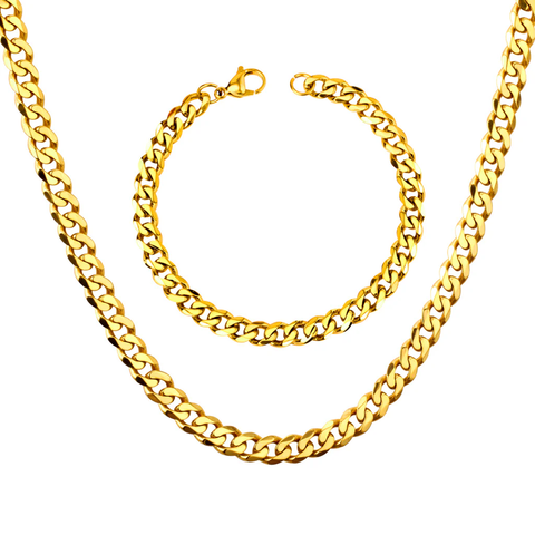 Stelluxe Stainless Steel Gold Color PVD Women Or Men Cuban Chain Necklace With Bracelet