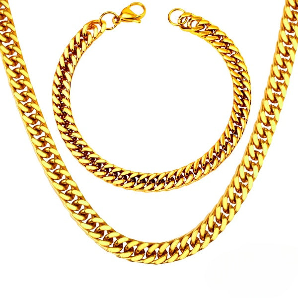 Stainless Steel Gold Color PVD Cuban Link Chain Bracelet And Necklace